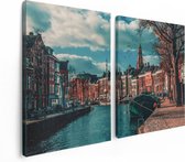 Artaza Canvas Schilderij Tweeluik Gracht in Groningen  - 120x80 - Foto Op Canvas - Canvas Print