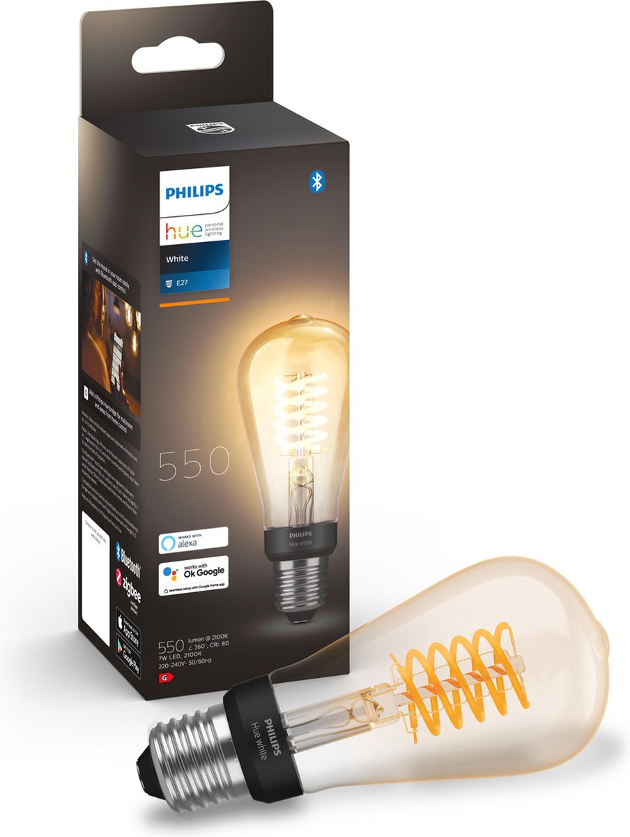 Philips Hue Filament Lichtbron E27 ST64 Edison – zachtwit licht – Ø 6 cm – 7W – Bluetooth