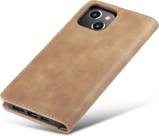 Étui portefeuille marron, fermé, montrant le dos du téléphone et la caméra.