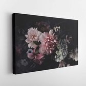 Canvas schilderij - Vintage flowers. Peonies, tulips, lily, hydrangea on black. Floral background. Baroque style floristic illustration.  -     1383694610 - 80*60 Horizontal