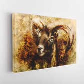 Canvas schilderij - Drawing of male wild sheep with mighty horns on flower background. -     1322254310 - 80*60 Horizontal