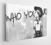 Canvas schilderij - Digital art painting of bald punk hair boy standing in front of painted wall, acrylic on canvas texture  -     1448864414 - 115*75 Horizontal