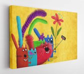 Canvas schilderij - Cool colorful cats taking selfie on the background painted wall  -     382162456 - 80*60 Horizontal