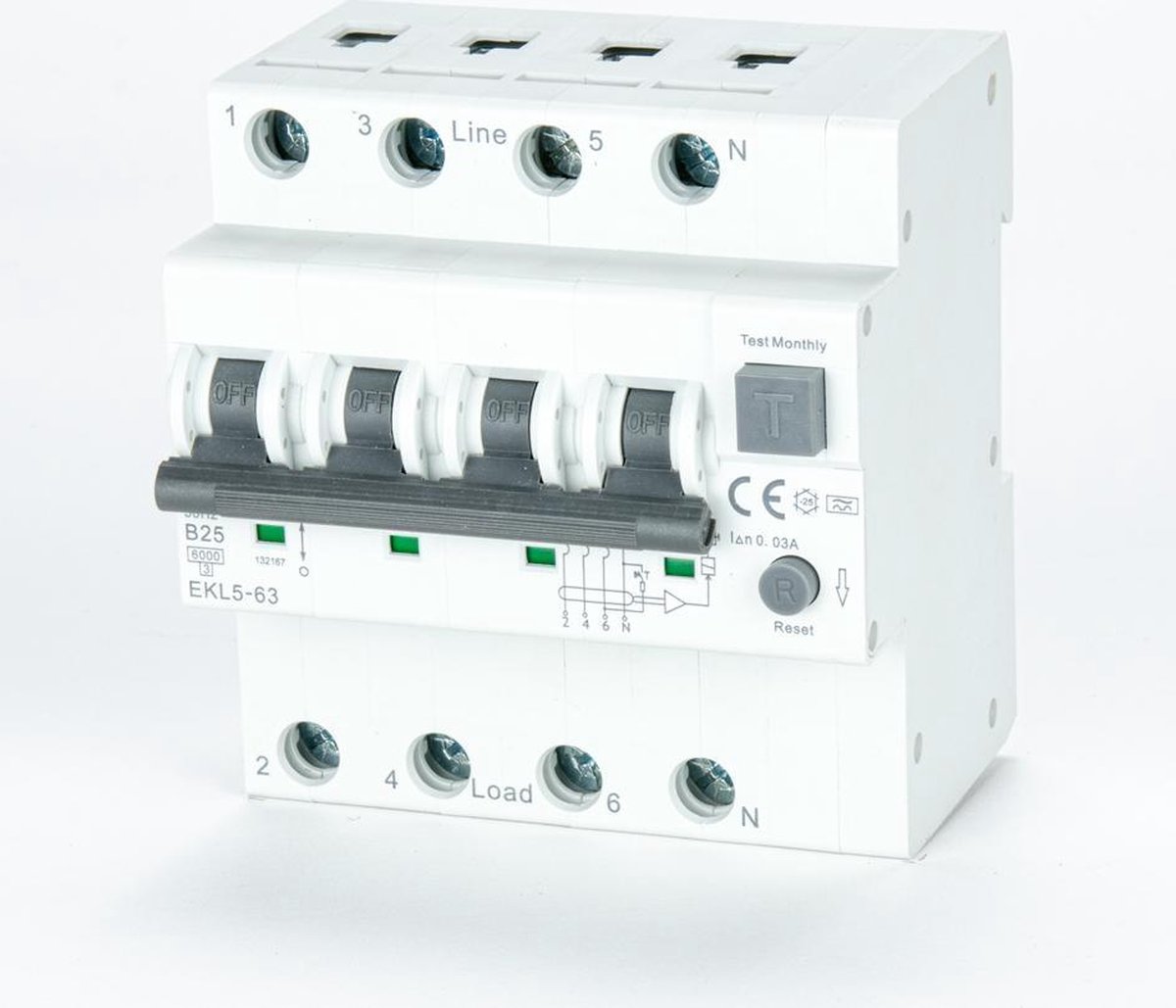 ETEK 30mA Aardlekschakelaar RCCB met overstroombeveiliging Type aansluiting: 3 fasen, Maximale vermogen: 25 ampere