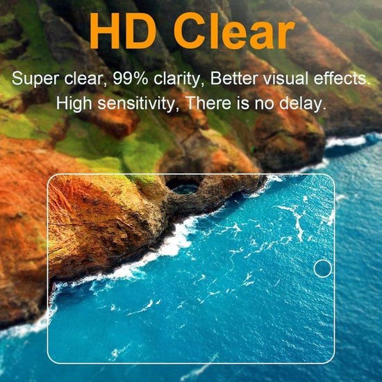 HD Clear screenprotector met beelden van rotsachtig kustlandschap en helderblauwe zee.