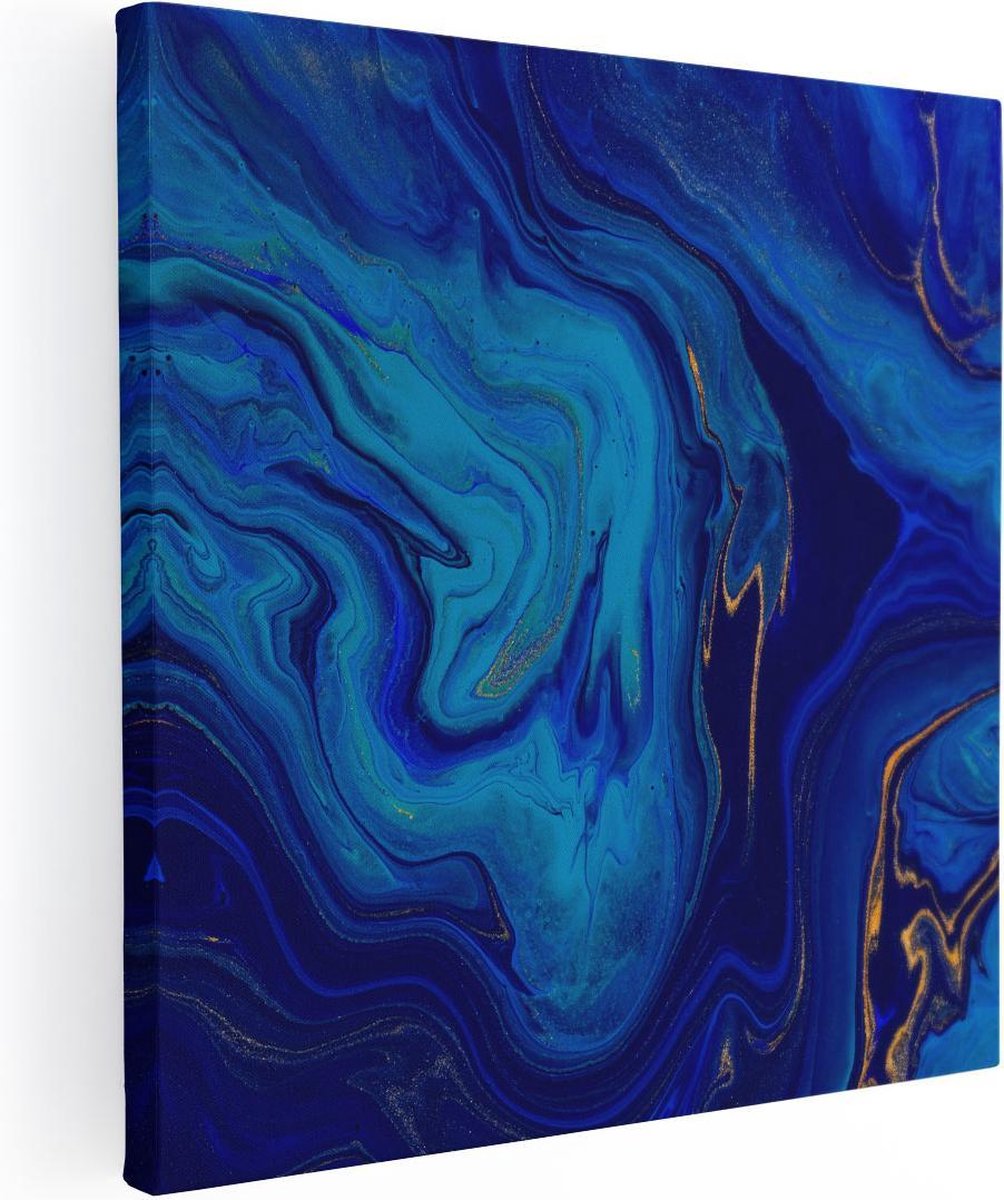 Artaza Canvas Schilderij Abstracte Kunst - Blauw met Gouden Verf - 90x90 - Groot - Foto Op Canvas - Canvas Print