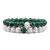 Armband - Armbanden Kralen Paar Groen/Wit - Elastisch - Heren mannen - Dames vrouwen - 2 Armbandjes - Cadeau voor Hem Haar - Verjaardag