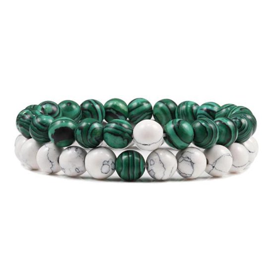 Bracelet - Bracelets Perles Couple Vert/ Wit - Elastique - Homme Homme - Femme Femme - 2 Bracelets - Cadeau Pour Hem Cheveux - Anniversaire