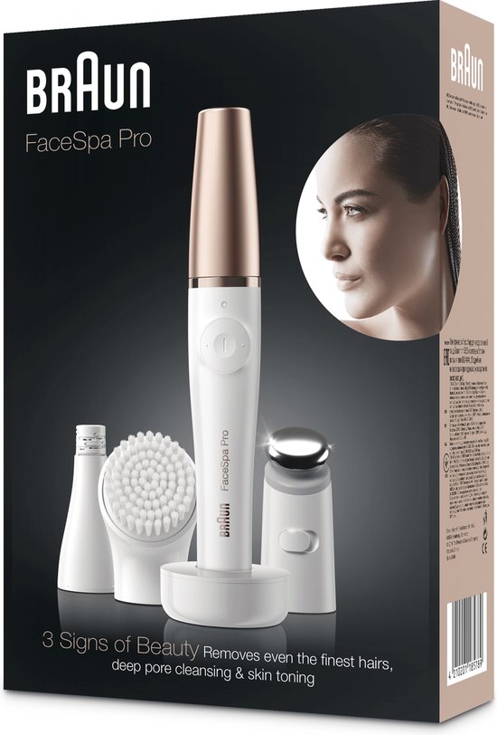 Braun FaceSpa Pro, witte epileerapparaat met gouden details, inclusief borstel en houder.