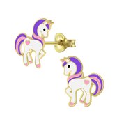 Joy|S - Zilveren eenhoorn oorbellen - 10 x 13 mm - pony oorknoppen - unicorn - 14k goudplating