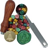 SET: Smeltlepel & Stempel voor het maken van Waxzegels & lakzegels - Kerstboom - Incl. 100 smeltblokjes rood/groen/goud