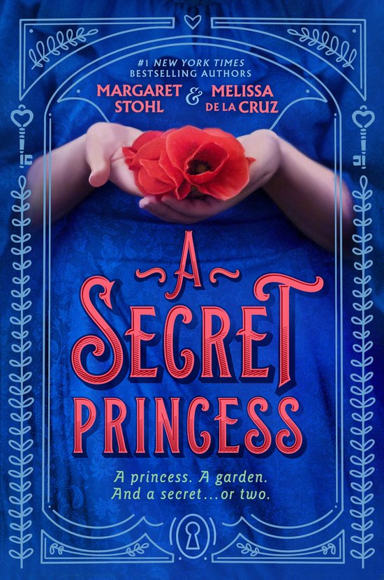 Boekomslag A Secret Princess: handen houden rode bloemen voor een blauwe jurk, met een decoratief blauw kader.