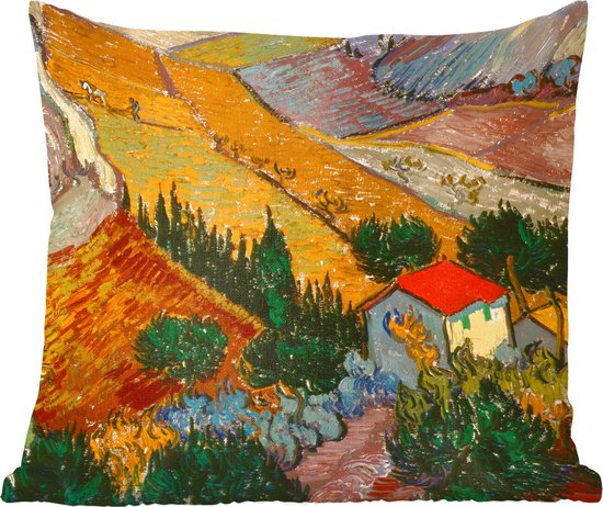 Sierkussens - Kussentjes Woonkamer - 45x45 cm - Landschap met een huis en een ploeger - Vincent van Gogh