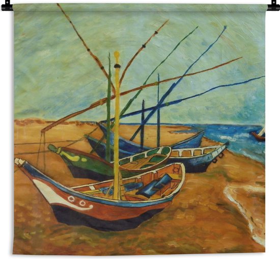 Wandkleed - Wanddoek - Vissersboten op het strand - Vincent van Gogh - 60x60 cm - Wandtapijt