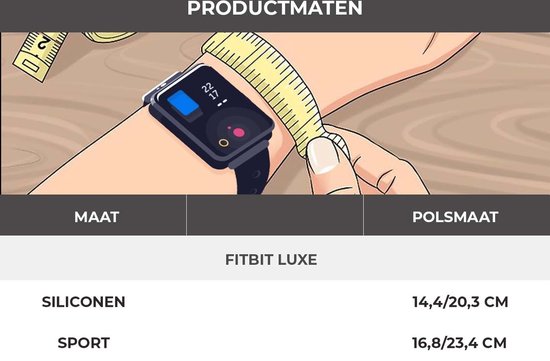 Illustratie van het meten van de polsmaat voor een Fitbit Luxe smartwatch met een siliconen bandje.