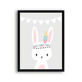 Affiche Witte Indian Bunny Grijs - Chambre d'enfants - Affiche d'animaux - Chambre de bébé / Affiche d'enfants - Cadeau de naissance - 40x30cm - Chambre de bébé