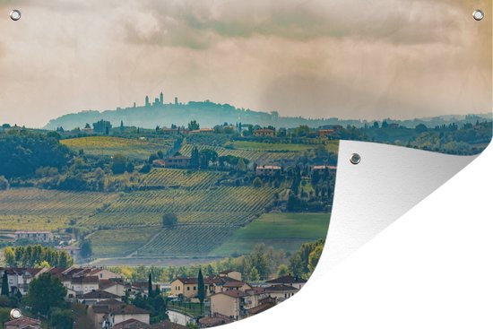 Muurdecoratie De natuur van Toscane met het silhouet van San Gimignano - 180x120 cm - Tuinposter - Tuindoek - Buitenposter