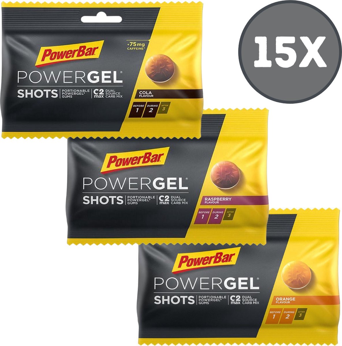 Goedkoopste Powerbar Energiegels | Powergel Shots | Combideal - 5x Cola (met cafeïne) 5x Raspberry 5x Orange