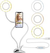 Selfie Ring Light - Telefoonhouder - Flexibele Arm Stand - Gooseneck Mount - Live Streaming Beugel -Dimbare vullicht - Verstelbare tafelclip - 3.5"- Wit