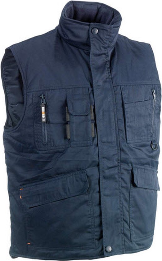 Donkerblauwe bodywarmer met hoge kraag, meerdere voorzakken en oranje accenten.