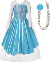 Elsa jurk - prinsessenjurk meisje - carnavalskleding kinderen - prinsessen verkleedkleding - 128/134 (140) - Elsa vlecht