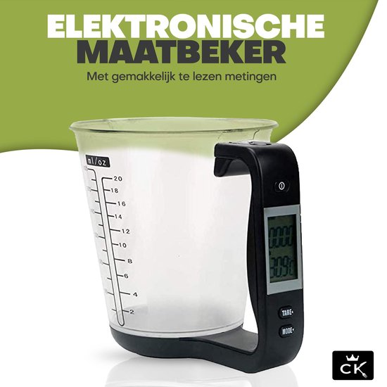 Cuisine King® Elektrische Maatbeker 0,6 Liter – Keukenweegschaal Digitaal Met Kom – Keukenthermometer – Kookwekker – 4-in-1 - Zwart
