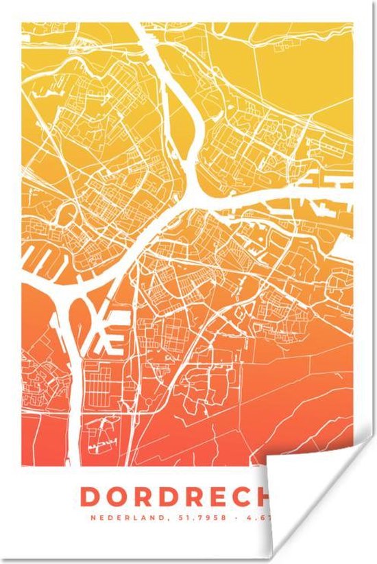 Poster Stadskaart - Dordrecht - Nederland - Oranje - 80x120 cm - Plattegrond