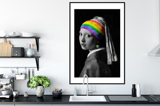 Fotolijst incl. Poster - Meisje met de parel - Regenboog - Vermeer - 80x120 cm - Posterlijst