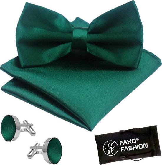 Fako Fashion® - Noeud papillon, pochette de costume et boutons de Boutons de manchette - Noeud papillon - Noeud papillon - Pochette de costume - Vert foncé