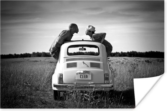 Affiche Couple sortant des vitres de leur voiture ancienne noir