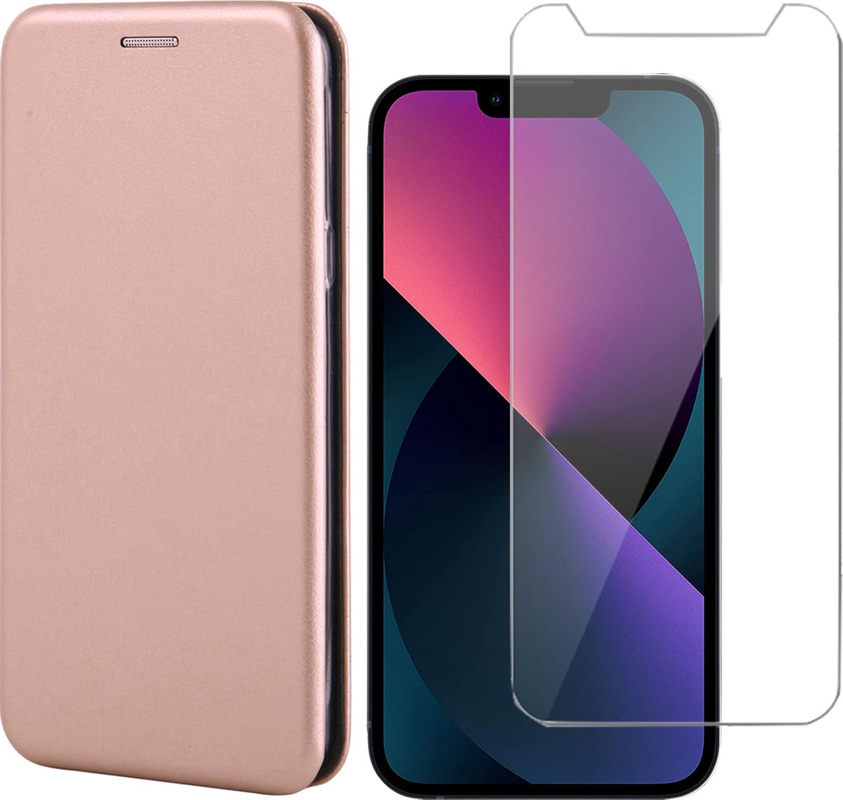 Hoesje geschikt voor iPhone 13 Pro en Screenprotector - Portemonnee Book Case - Roségoud