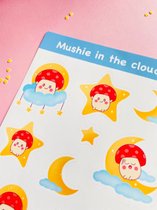 Rozeberryshop - Paddenstoelen in de Wolken Stickervel - Wolken - Maan - Schattig - Ster - Kawaii - Stickervellen - 11x15 cm - Stickers - Stickers voor Volwassenen en Kinderen - Planner Sticke