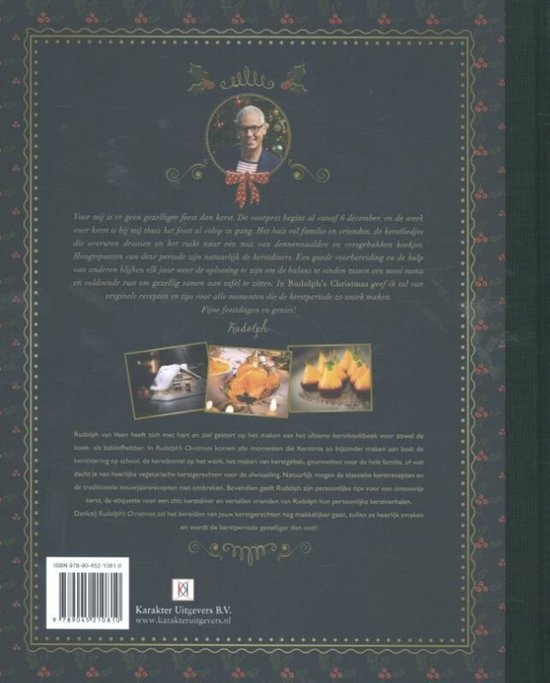 Boek met een illustratie van Rudolph van Veen, kerstboom, en drie kleine foto's van kerstgerechten. Titel: Rudolph's Christmas.