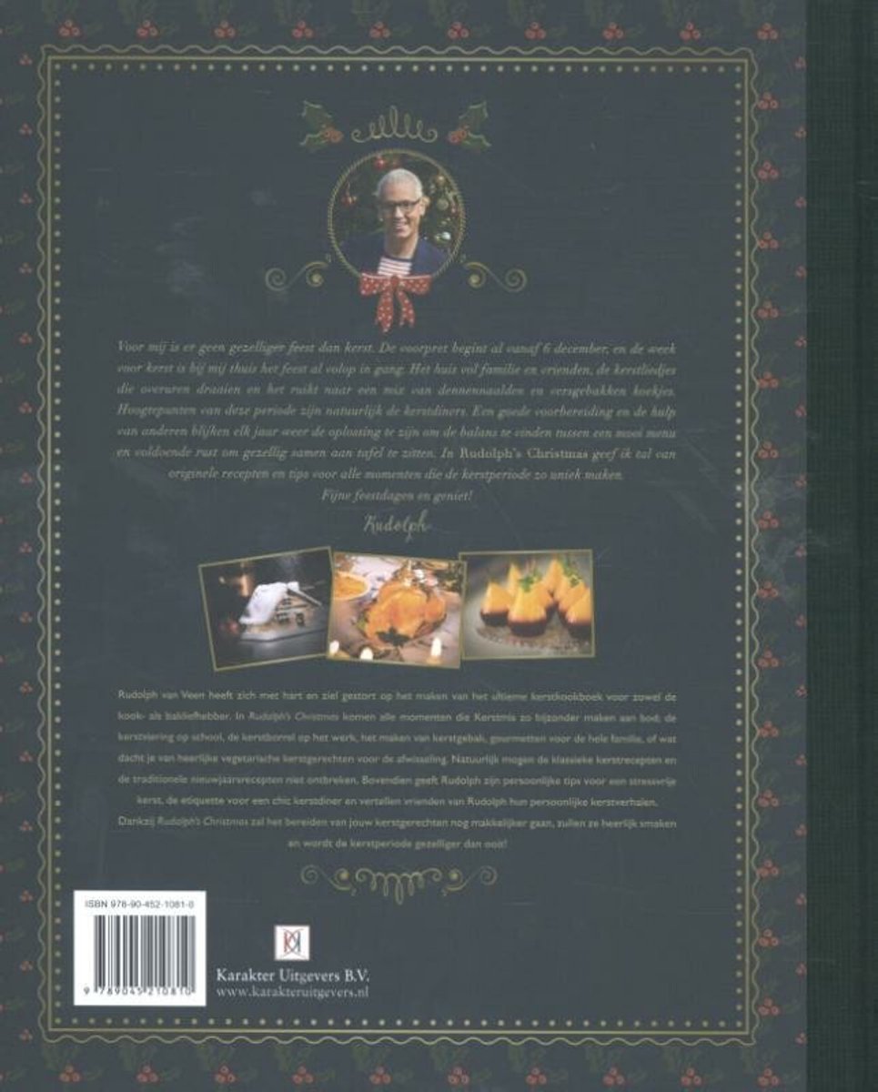 Boek met een illustratie van Rudolph van Veen, kerstboom, en drie kleine foto's van kerstgerechten. Titel: Rudolph's Christmas.