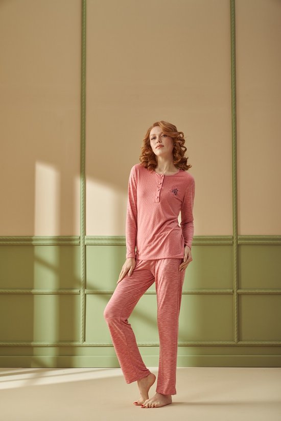 Pijadore - Grote Maten Dames Pyjama Set, Lange Mouwen, Roze - XXL