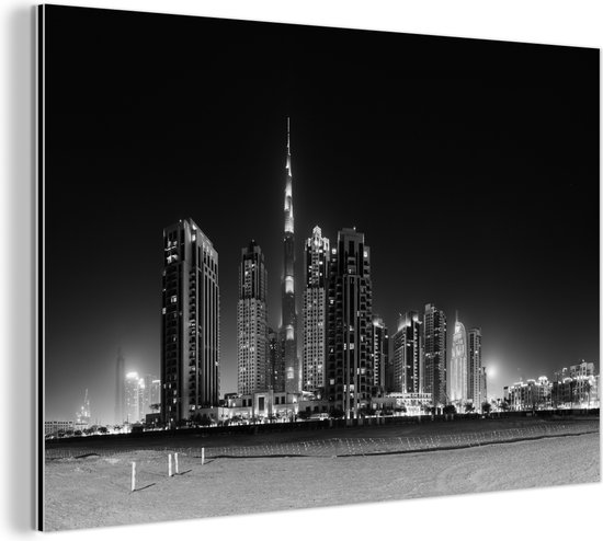 Wanddecoratie Metaal - Aluminium Schilderij Industrieel - Skyline - Zwart - Wit - Dubai - 120x80 cm - Dibond - Foto op aluminium - Industriële muurdecoratie - Voor de woonkamer/slaapkamer