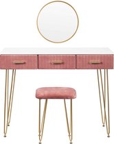 Luxury Buy® makeup tafel-kaptafel-hoogglans top-ronde spiegel- met comfort kruk- goud-roze