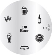 KONAD stamp plate S12 met 7 nagel figuurtjes BIER (bierfles, bierdop, bierglas, halve liter bier).