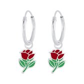 Joy|S - Zilveren bloem bedel oorbellen - rood roosje oorringen