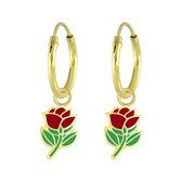 Joy|S - Zilveren bloem bedel oorbellen - rood roosje oorringen - 14k goudplating