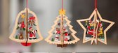 Kersthangers 3D boom, ster, klok - Hout - Kerstboomversiering - Kerstdecoratie 11cm - set van 3 stuks