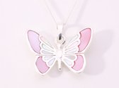 Zilveren vlinder hanger met roze en witte parelmoer aan ketting
