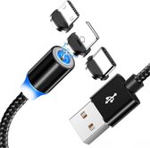 Magnetische Oplaadkabel – 1M – Zwart- 3 in 1 – Snellader – Apple Lightning / USB-C / Micro USB – Magneet Oplader – Sterke Magneet – iPhone / Samsung / Huawei