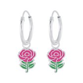 Joy|S - Zilveren bloem oorbellen - roze roosje bedel oorringen