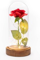 Sitro Zijde Roos in Glas Stolp Rose Kunstroos | Cadeau voor de Feestdagen| Vriendin | Vrouw| Valentijns cadeau/ December cadeau| Oma| Belle en het Beest | Glazen | Rood - 22CM