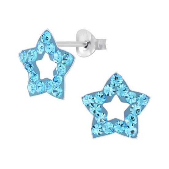 Joy|S - Zilveren ster oorbellen - 11 mm - kristal blauw