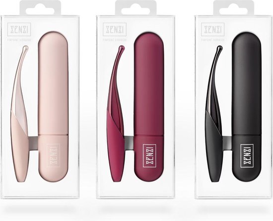 Drie verpakkingen met elk een vibrator en opberghoes in roze, bordeauxrood en zwart.
