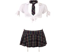 Cottelli Collection – Stout School Meisje Set met Rok en Top voor Ondeugende Meiden – Maat S – Wit