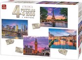 King 4 x 1000 Stukjes Puzzel (68 x 49 cm) - City at Night - 4in1 Legpuzzel Steden + Posters