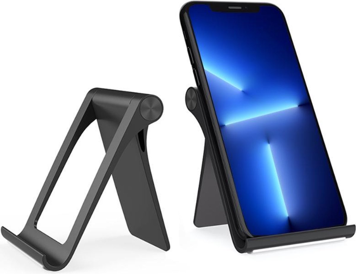 FOLDY telefoon en tablet bureau houder (Inklapbaar/opvouwbaar, licht en makkelijk mee te nemen) - mobiel / gsm / smartphone standaard - thuiswerken - zwart - Foldy